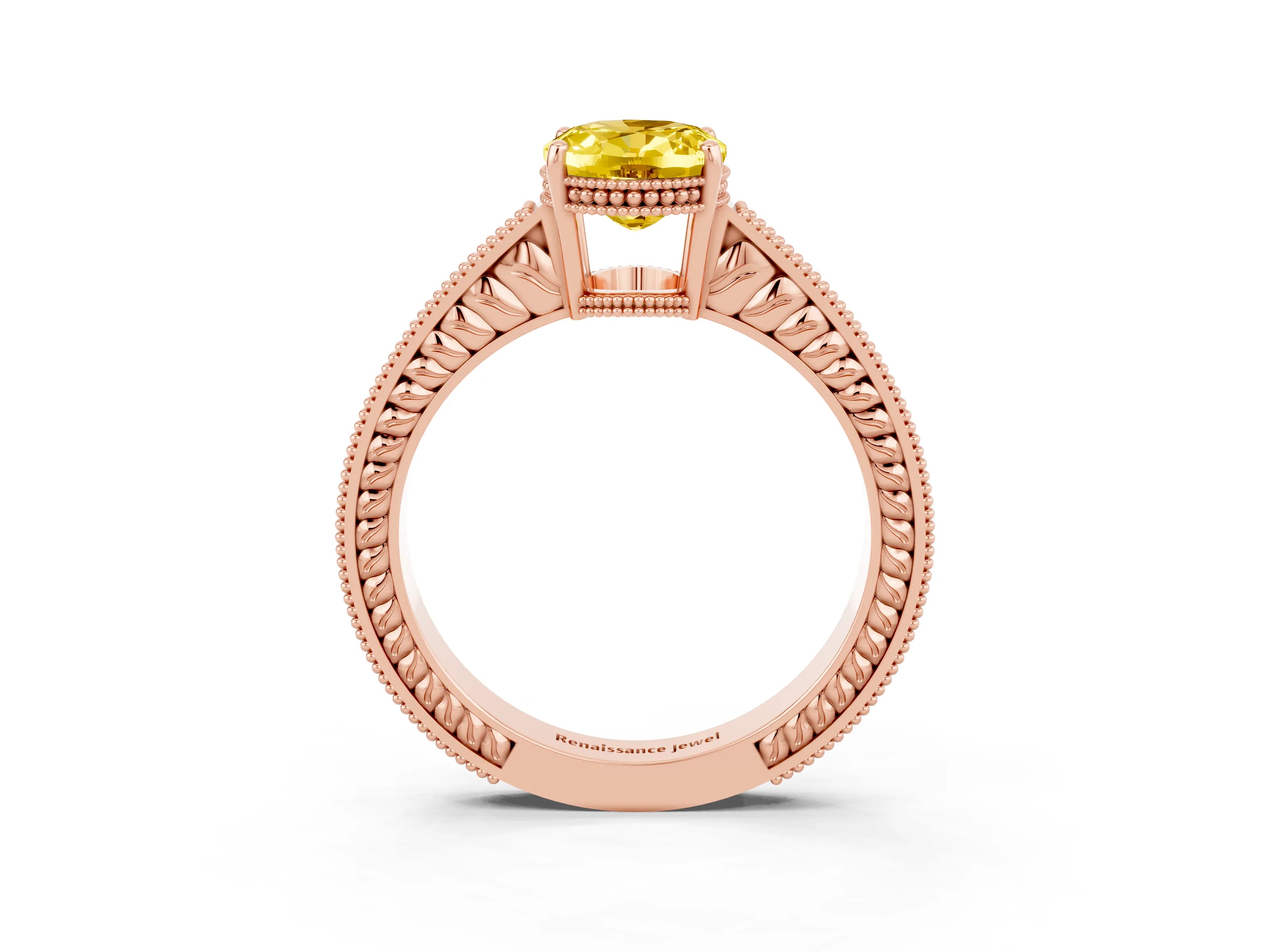 Rose gold Oval Cut Yellow Sapphire Engagement Ring with Milgrain Channel Set Band and Prong Setting_27