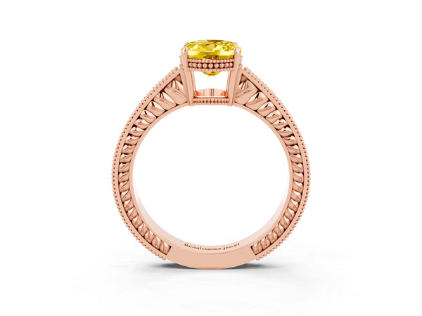 Rose gold Oval Cut Yellow Sapphire Engagement Ring with Milgrain Channel Set Band and Prong Setting