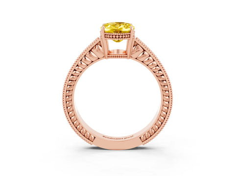 Rose gold Oval Cut Yellow Sapphire Engagement Ring with Milgrain Channel Set Band and Prong Setting_27
