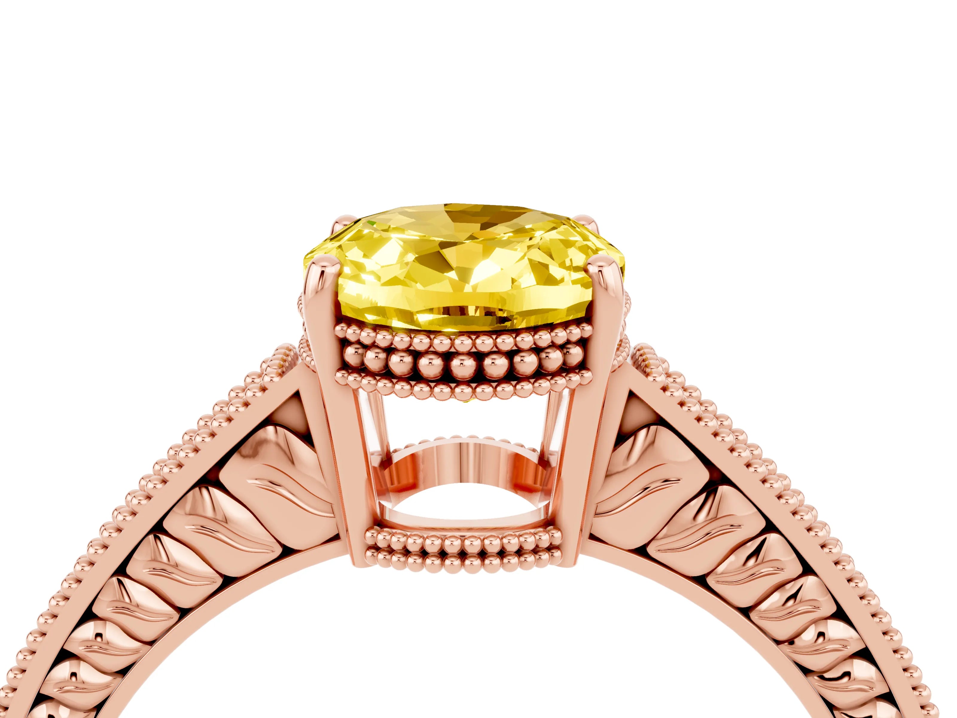 Rose gold Oval Cut Yellow Sapphire Engagement Ring with Milgrain Channel Set Band and Prong Setting_28