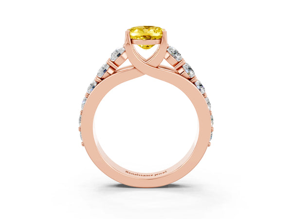 Rose gold Oval Cut Yellow Sapphire Engagement Ring with Pavé Band and Four-Prong Setting