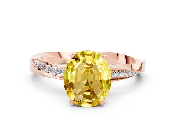 Rose gold Oval Cut Yellow Sapphire Engagement Ring with Side Stone Accents and Four-Prong Setting