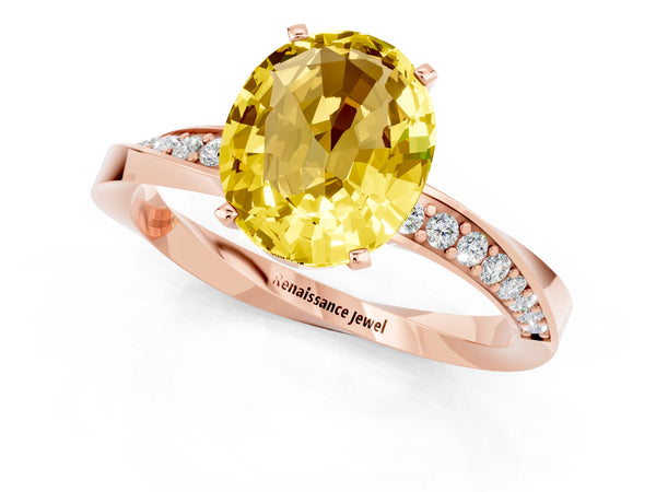 Rose gold Oval Cut Yellow Sapphire Engagement Ring with Side Stone Accents and Four-Prong Setting
