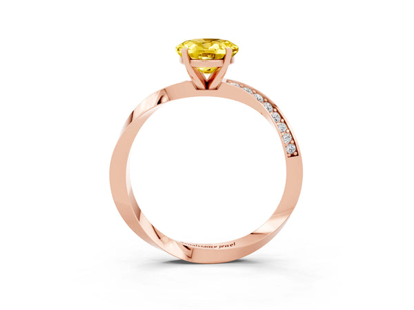 Rose gold Oval Cut Yellow Sapphire Engagement Ring with Side Stone Accents and Four-Prong Setting
