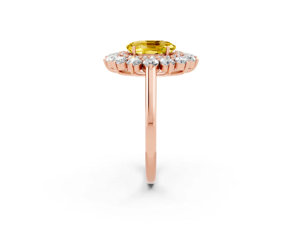 Rose gold Oval Cut Yellow Sapphire Floral Double Halo Engagement Ring with Prong Setting