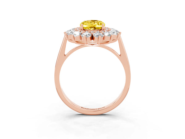 Rose gold Oval Cut Yellow Sapphire Floral Double Halo Engagement Ring with Prong Setting