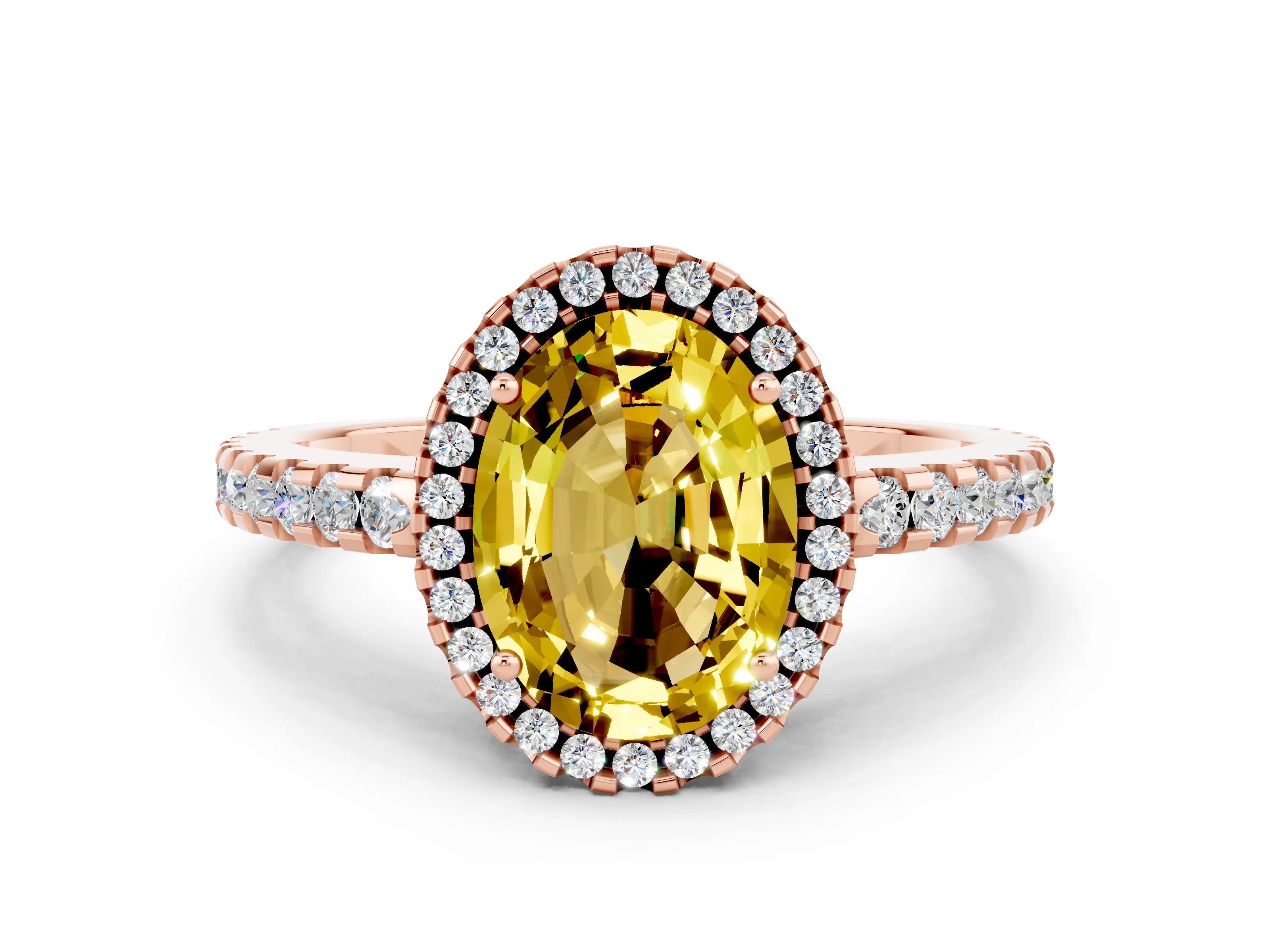 Rose gold Oval Cut Yellow Sapphire Halo Engagement Ring with Pavé Band and Prong Setting_12