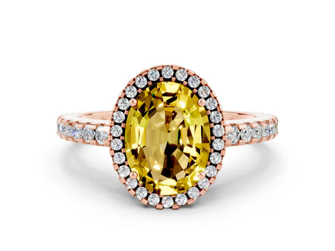 Rose gold Oval Cut Yellow Sapphire Halo Engagement Ring with Pavé Band and Prong Setting_12