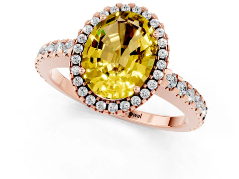 Rose gold Oval Cut Yellow Sapphire Halo Engagement Ring with Pavé Band and Prong Setting_13