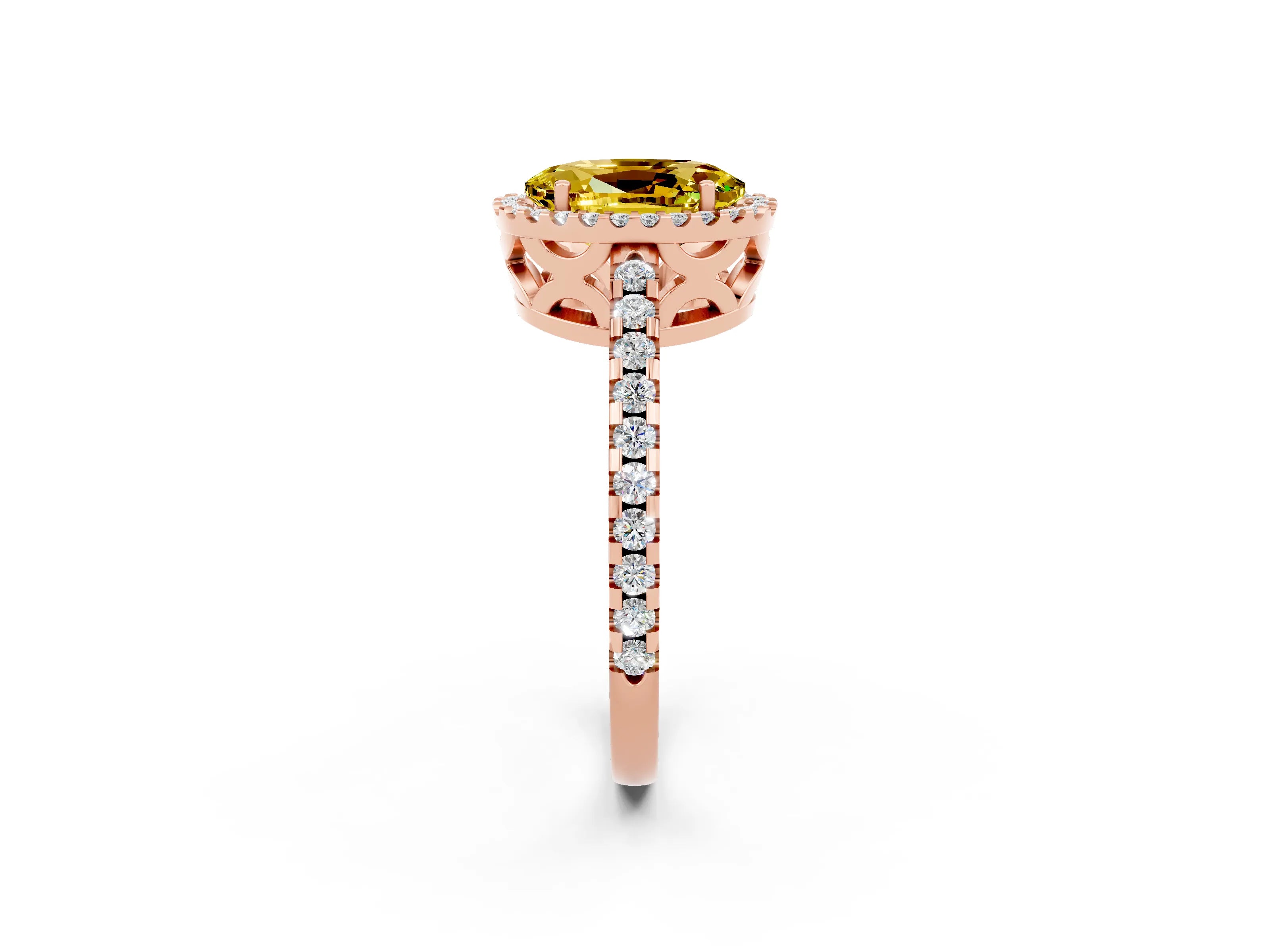 Rose gold Oval Cut Yellow Sapphire Halo Engagement Ring with Pavé Band and Prong Setting_14