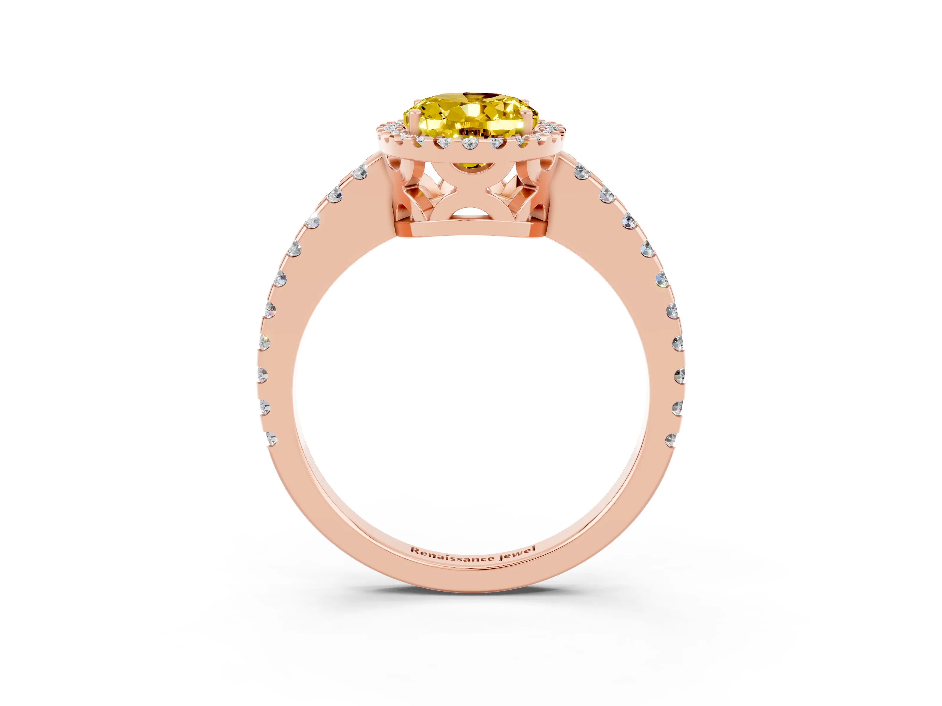 Rose gold Oval Cut Yellow Sapphire Halo Engagement Ring with Pavé Band and Prong Setting_15
