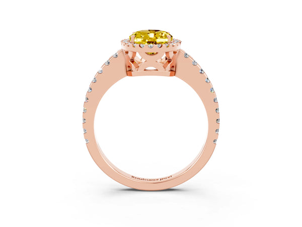 Rose gold Oval Cut Yellow Sapphire Halo Engagement Ring with Pavé Band and Prong Setting