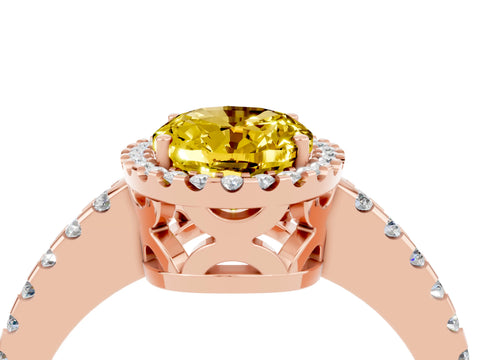 Rose gold Oval Cut Yellow Sapphire Halo Engagement Ring with Pavé Band and Prong Setting_16