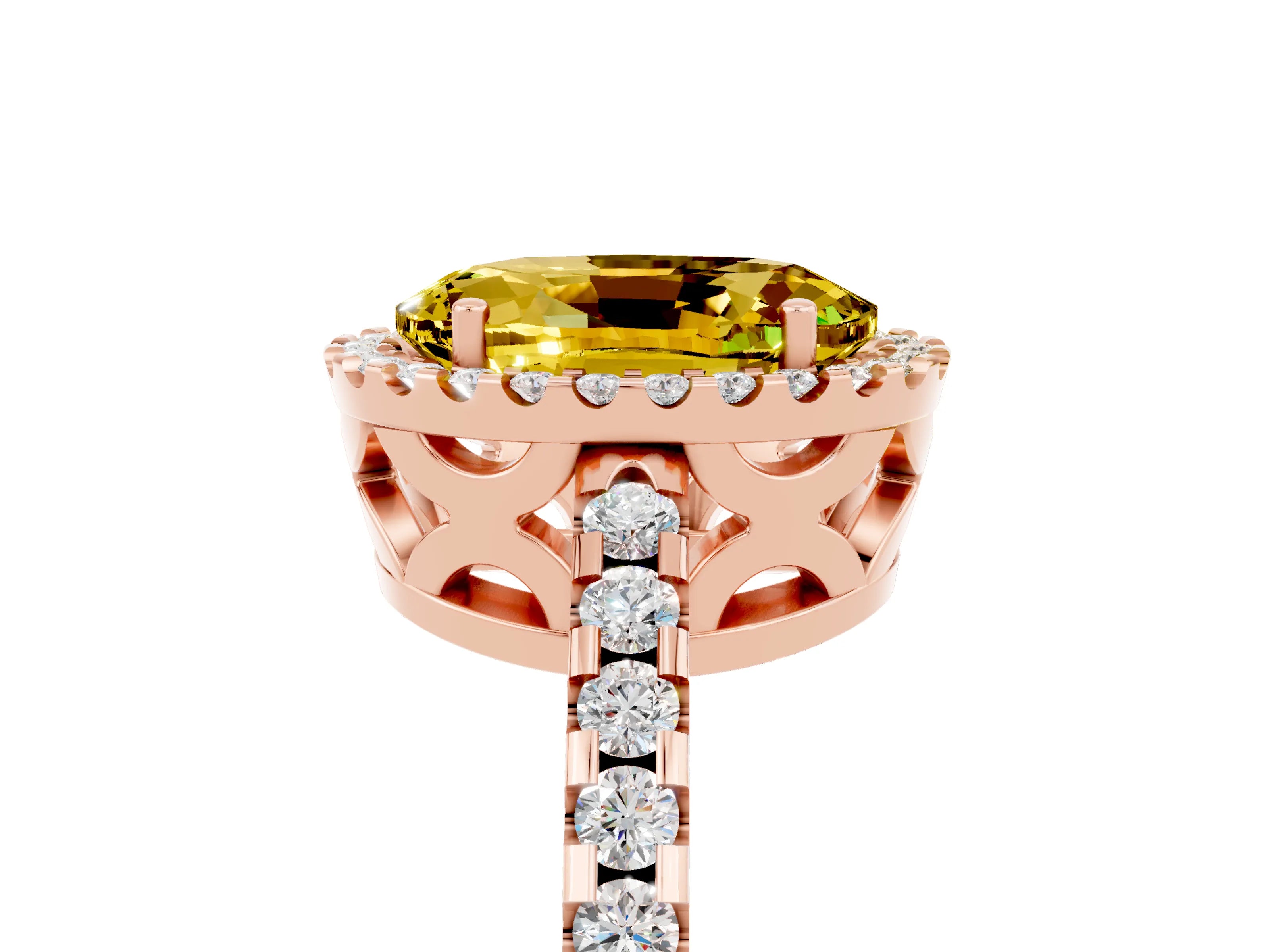 Rose gold Oval Cut Yellow Sapphire Halo Engagement Ring with Pavé Band and Prong Setting_17