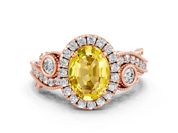 Rose gold Oval Cut Yellow Sapphire Halo Ring with Milgrain Pavé Band and Four-Prong Setting