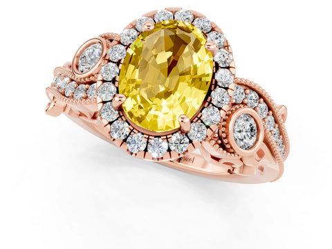 Rose gold Oval Cut Yellow Sapphire Halo Ring with Milgrain Pavé Band and Four-Prong Setting_13