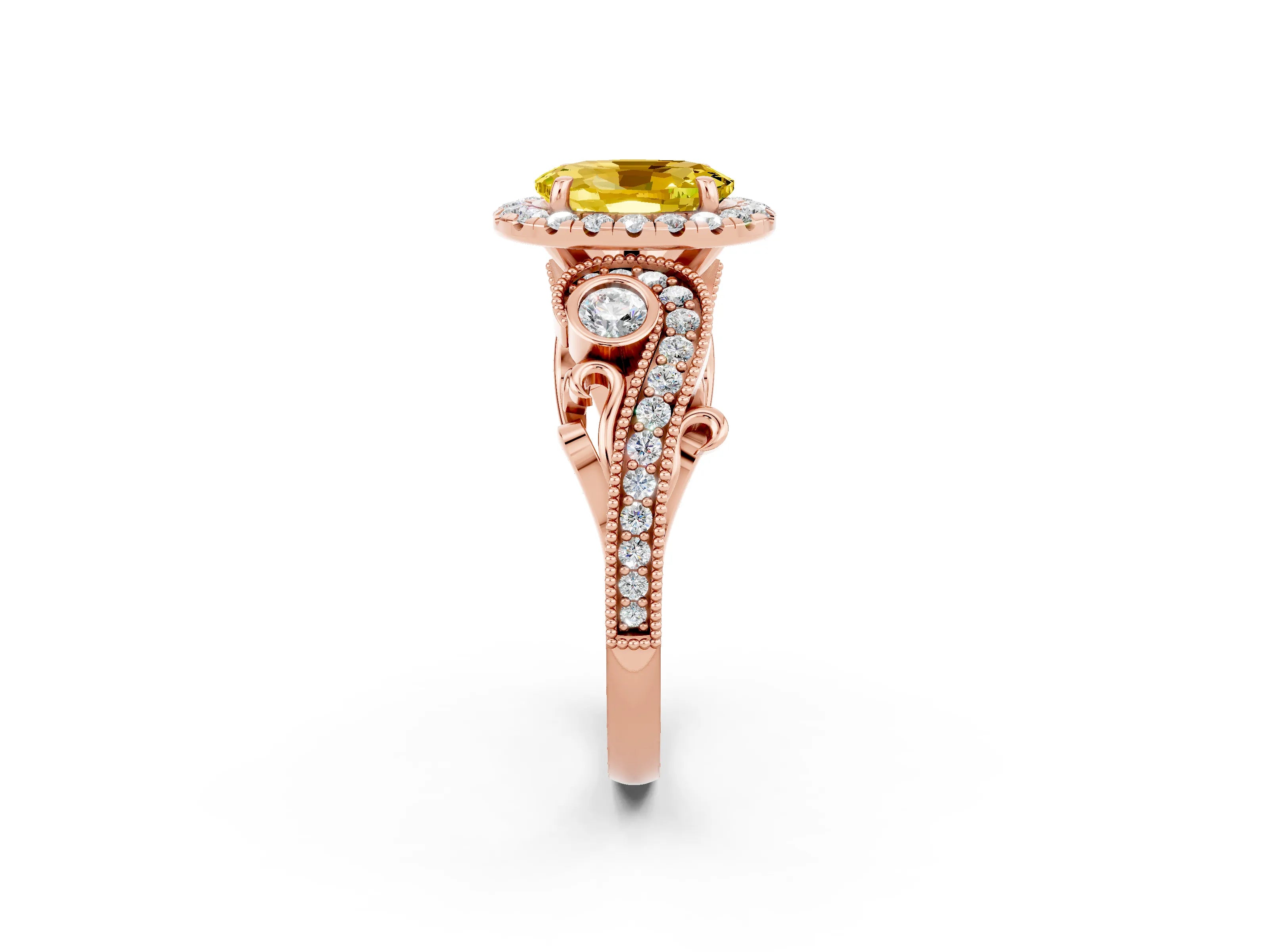 Rose gold Oval Cut Yellow Sapphire Halo Ring with Milgrain Pavé Band and Four-Prong Setting_14