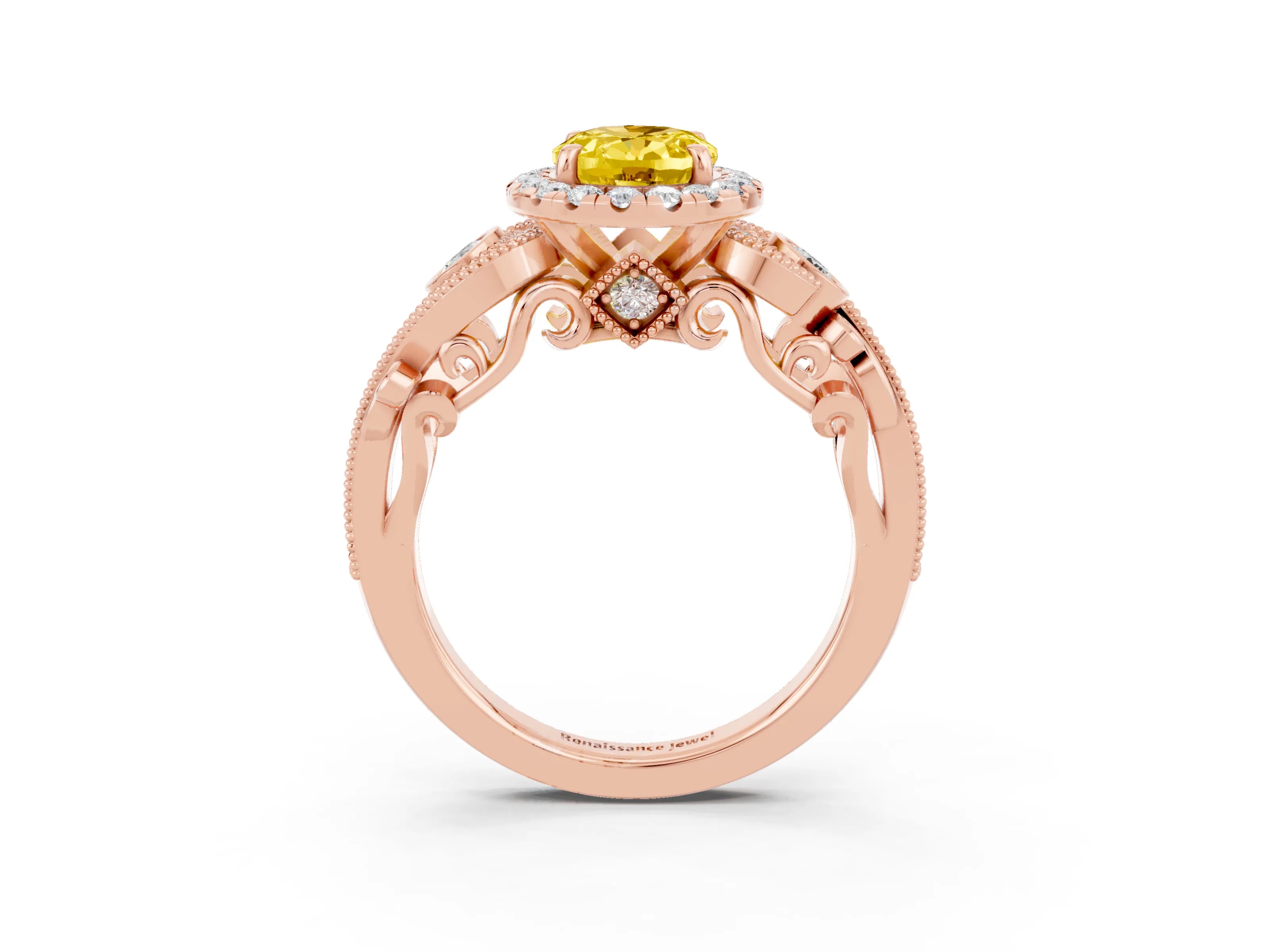 Rose gold Oval Cut Yellow Sapphire Halo Ring with Milgrain Pavé Band and Four-Prong Setting_15
