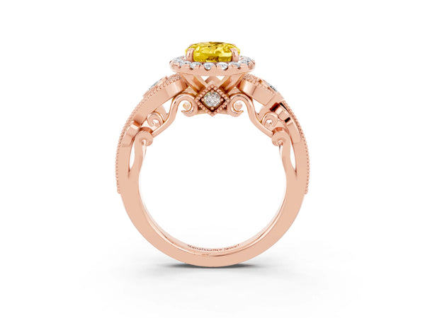 Rose gold Oval Cut Yellow Sapphire Halo Ring with Milgrain Pavé Band and Four-Prong Setting