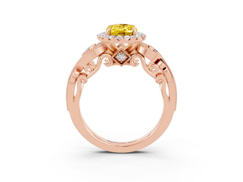 Rose gold Oval Cut Yellow Sapphire Halo Ring with Milgrain Pavé Band and Four-Prong Setting_15