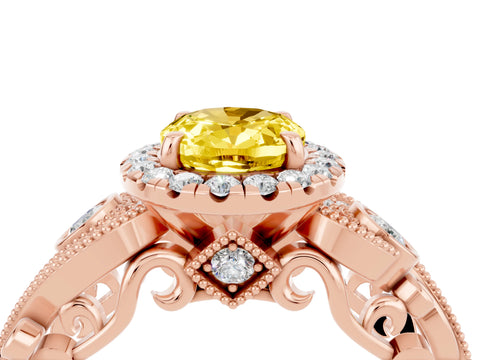 Rose gold Oval Cut Yellow Sapphire Halo Ring with Milgrain Pavé Band and Four-Prong Setting_16