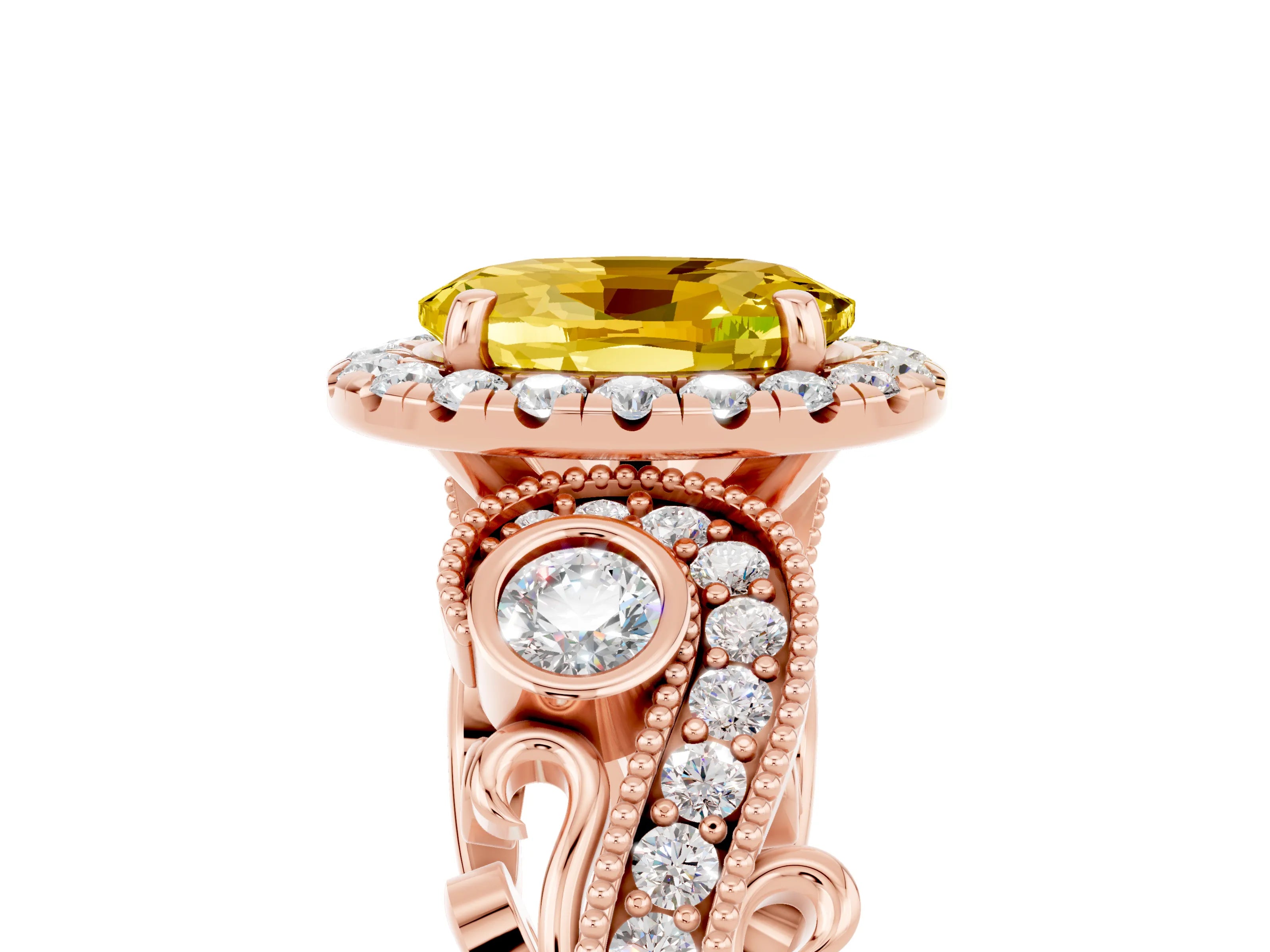 Rose gold Oval Cut Yellow Sapphire Halo Ring with Milgrain Pavé Band and Four-Prong Setting_17