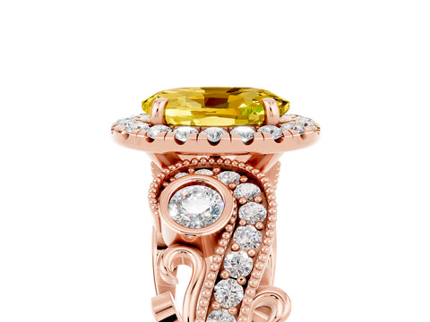 Rose gold Oval Cut Yellow Sapphire Halo Ring with Milgrain Pavé Band and Four-Prong Setting_17