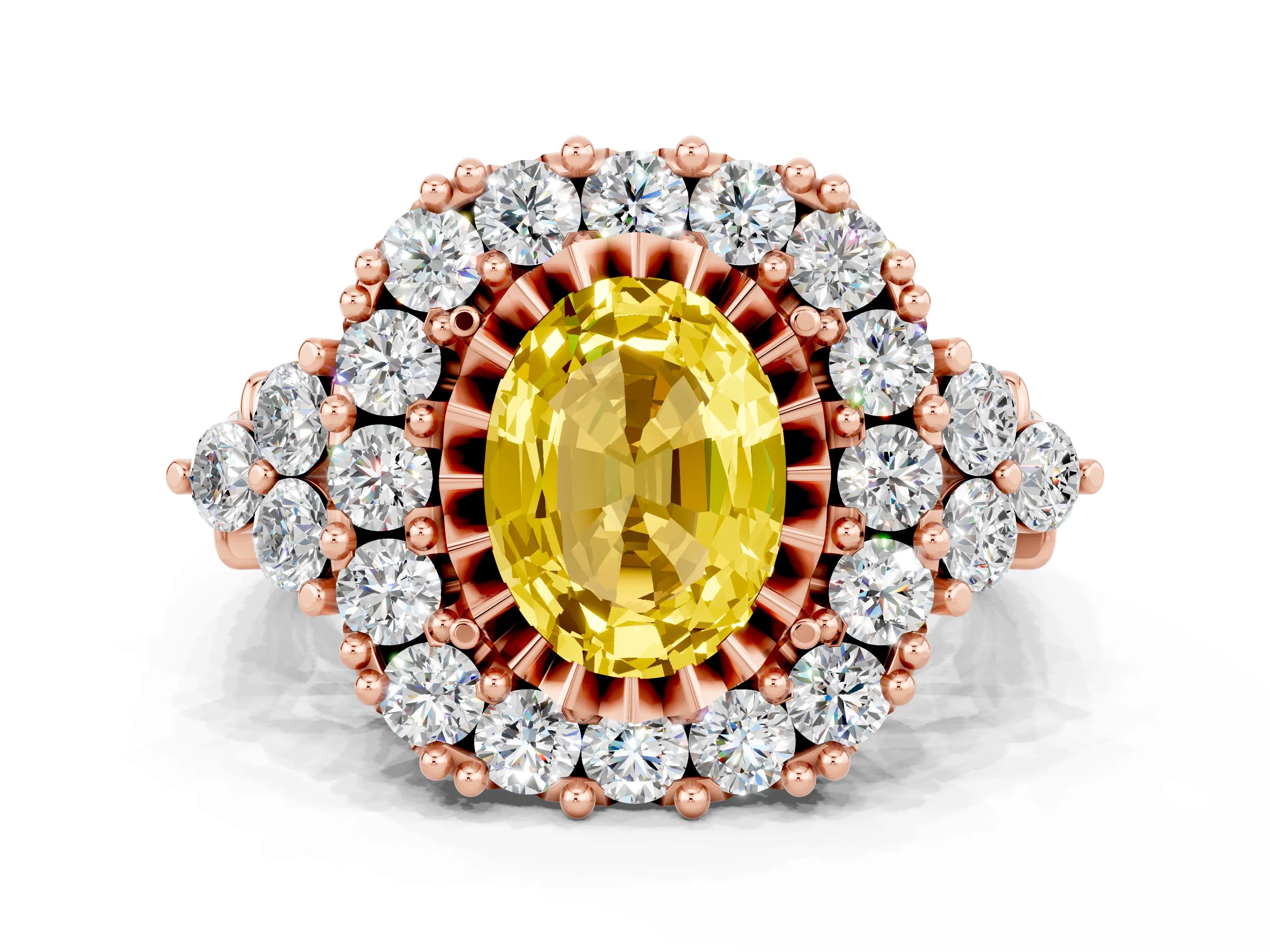 Rose gold Oval Cut Yellow Sapphire Halo Ring with Pavé Band and Four-Prong Setting_12