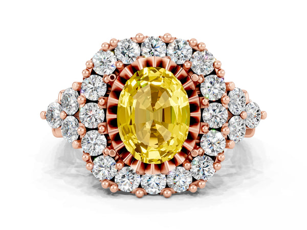 Rose gold Oval Cut Yellow Sapphire Halo Ring with Pavé Band and Four-Prong Setting