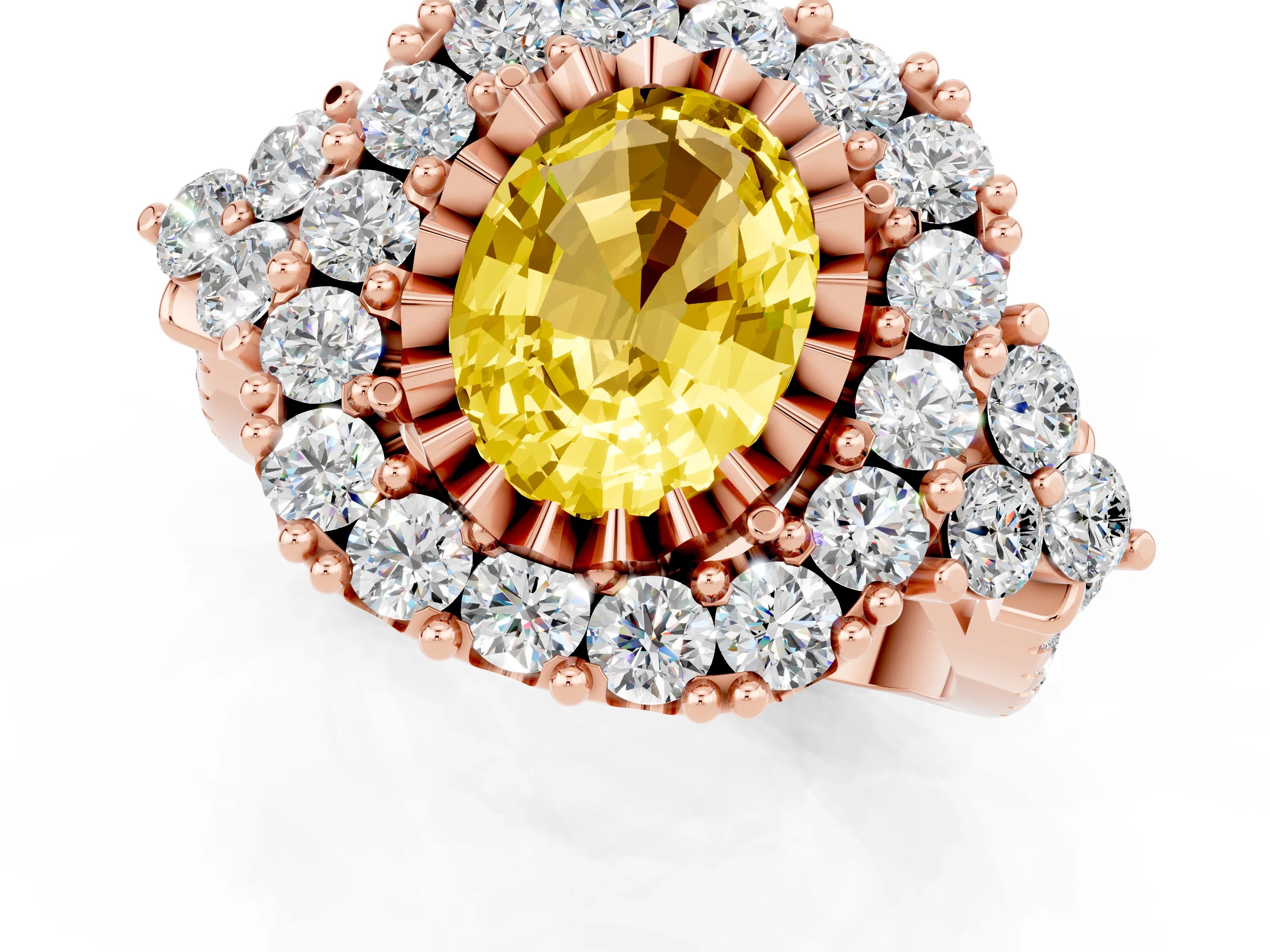 Rose gold Oval Cut Yellow Sapphire Halo Ring with Pavé Band and Four-Prong Setting_13