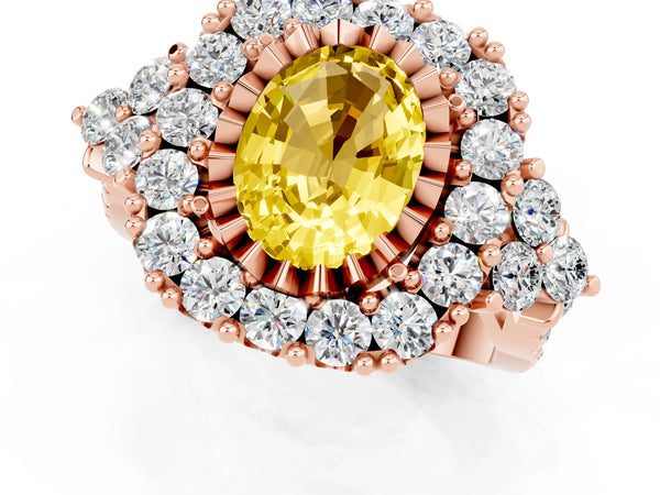 Rose gold Oval Cut Yellow Sapphire Halo Ring with Pavé Band and Four-Prong Setting