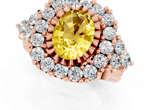 Rose gold Oval Cut Yellow Sapphire Halo Ring with Pavé Band and Four-Prong Setting_13