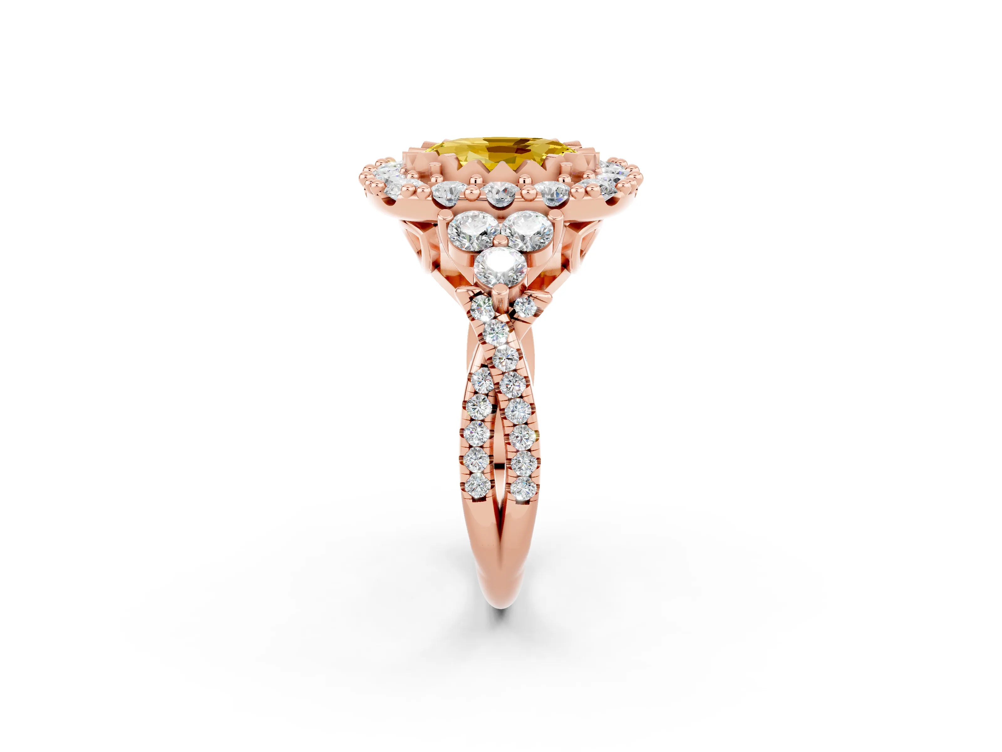 Rose gold Oval Cut Yellow Sapphire Halo Ring with Pavé Band and Four-Prong Setting_14