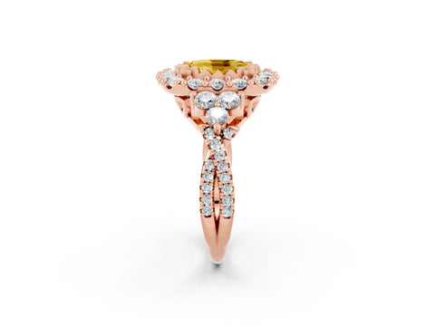Rose gold Oval Cut Yellow Sapphire Halo Ring with Pavé Band and Four-Prong Setting_14