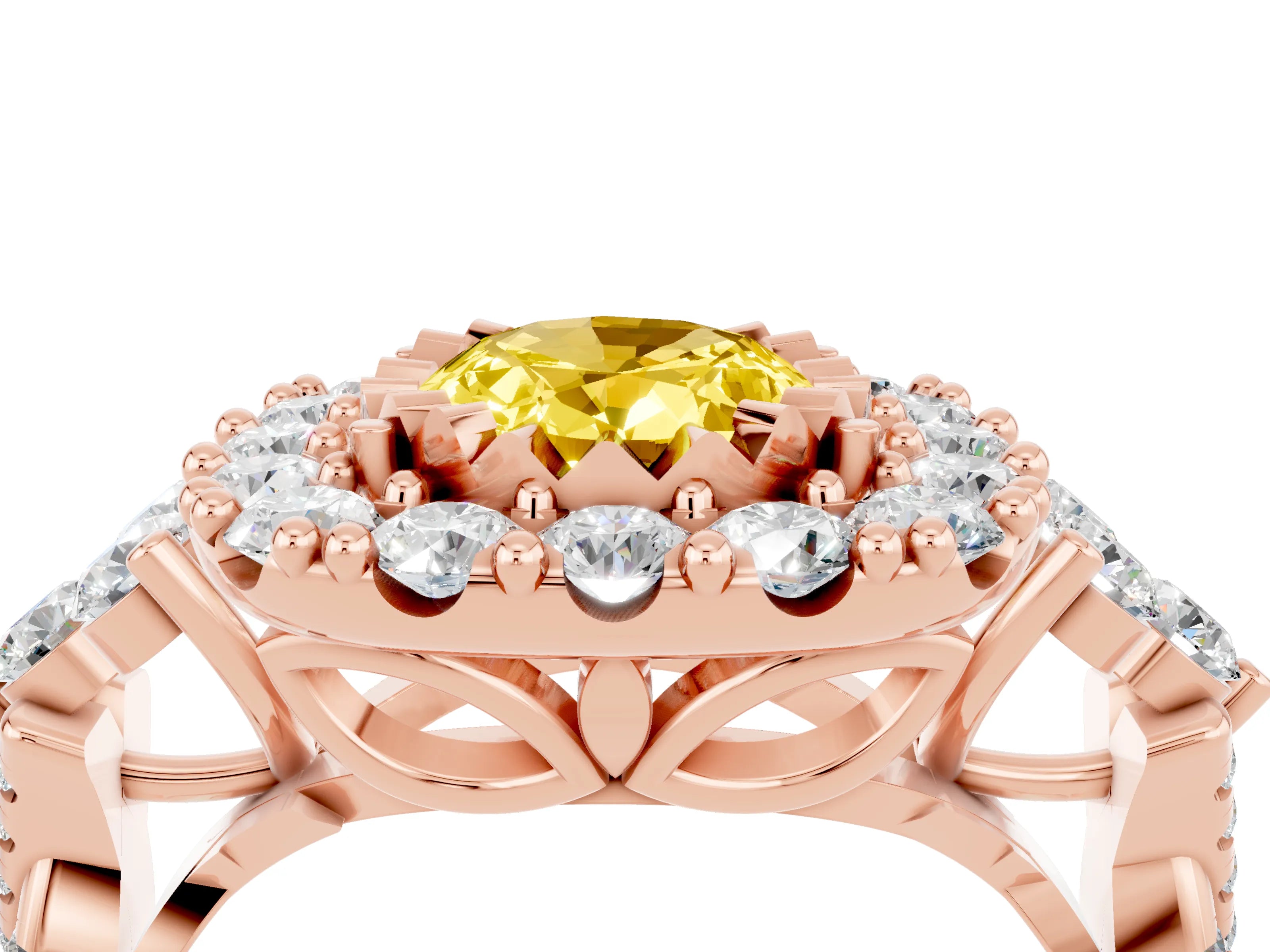 Rose gold Oval Cut Yellow Sapphire Halo Ring with Pavé Band and Four-Prong Setting_16