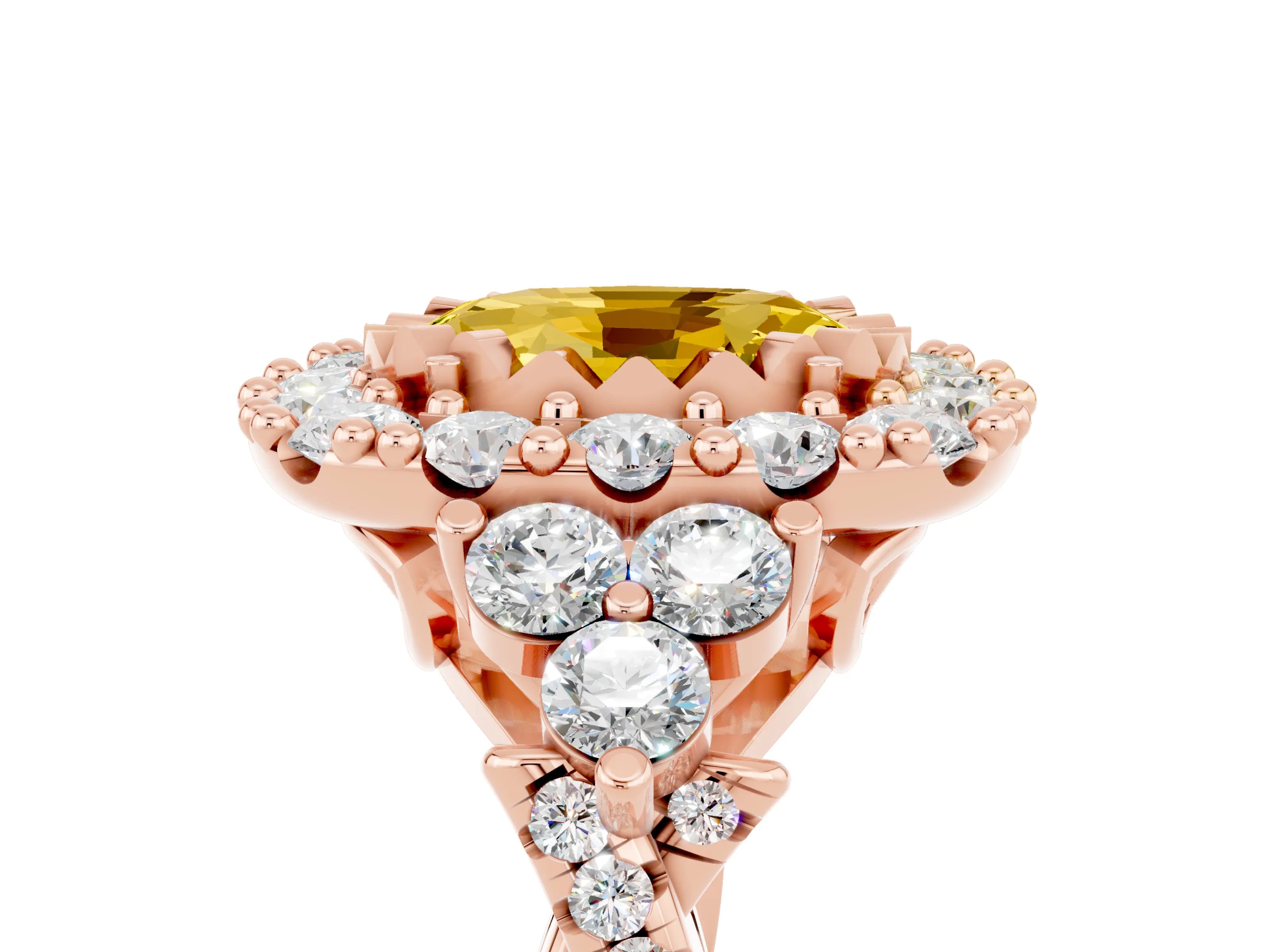 Rose gold Oval Cut Yellow Sapphire Halo Ring with Pavé Band and Four-Prong Setting_17