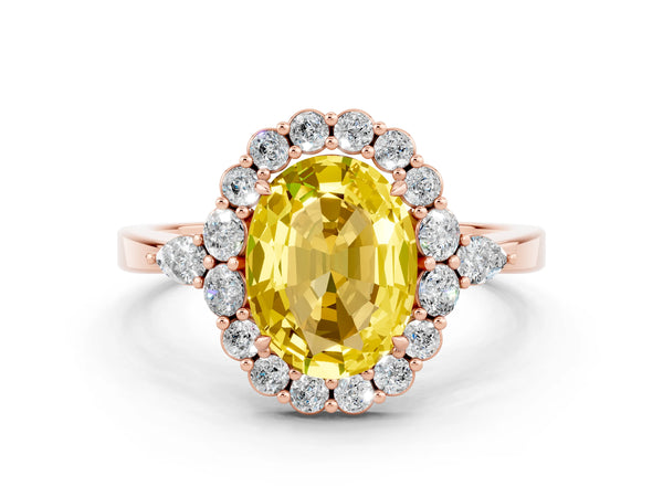 Rose gold Oval Cut Yellow Sapphire Halo Ring with Pear Side Stones and Prong Setting
