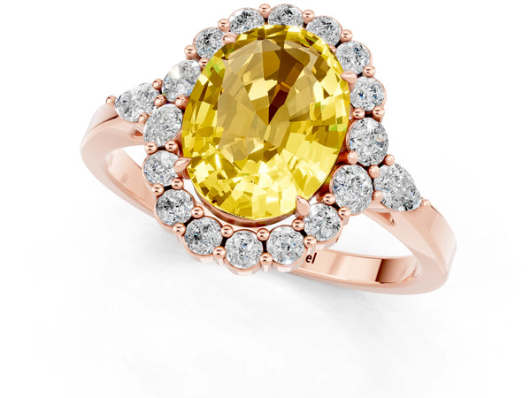 Rose gold Oval Cut Yellow Sapphire Halo Ring with Pear Side Stones and Prong Setting