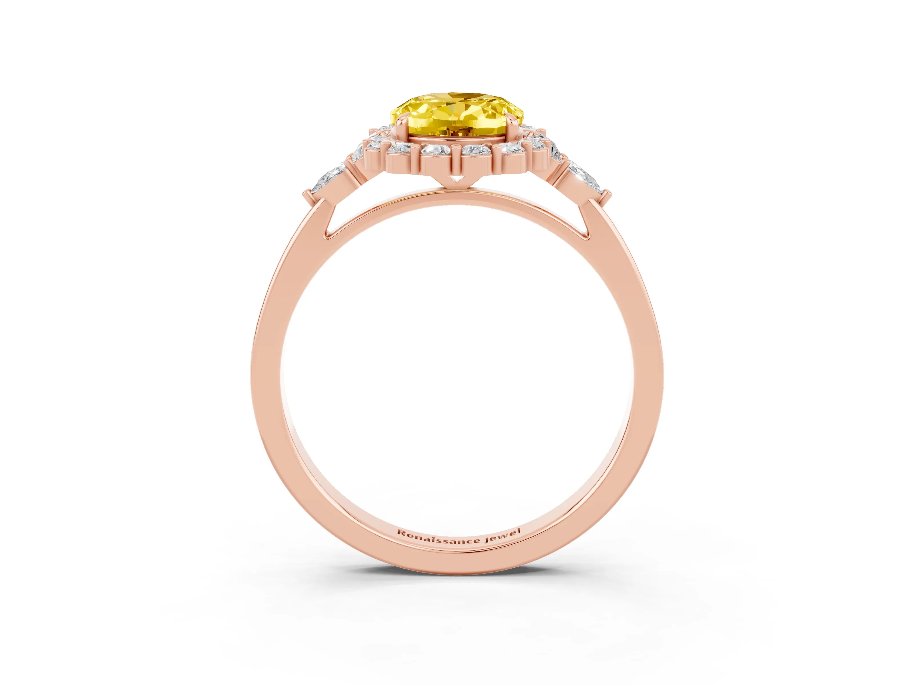 Rose gold Oval Cut Yellow Sapphire Halo Ring with Pear Side Stones and Prong Setting_15