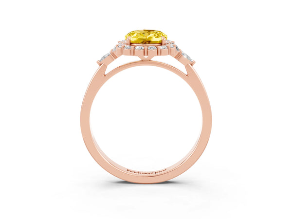 Rose gold Oval Cut Yellow Sapphire Halo Ring with Pear Side Stones and Prong Setting