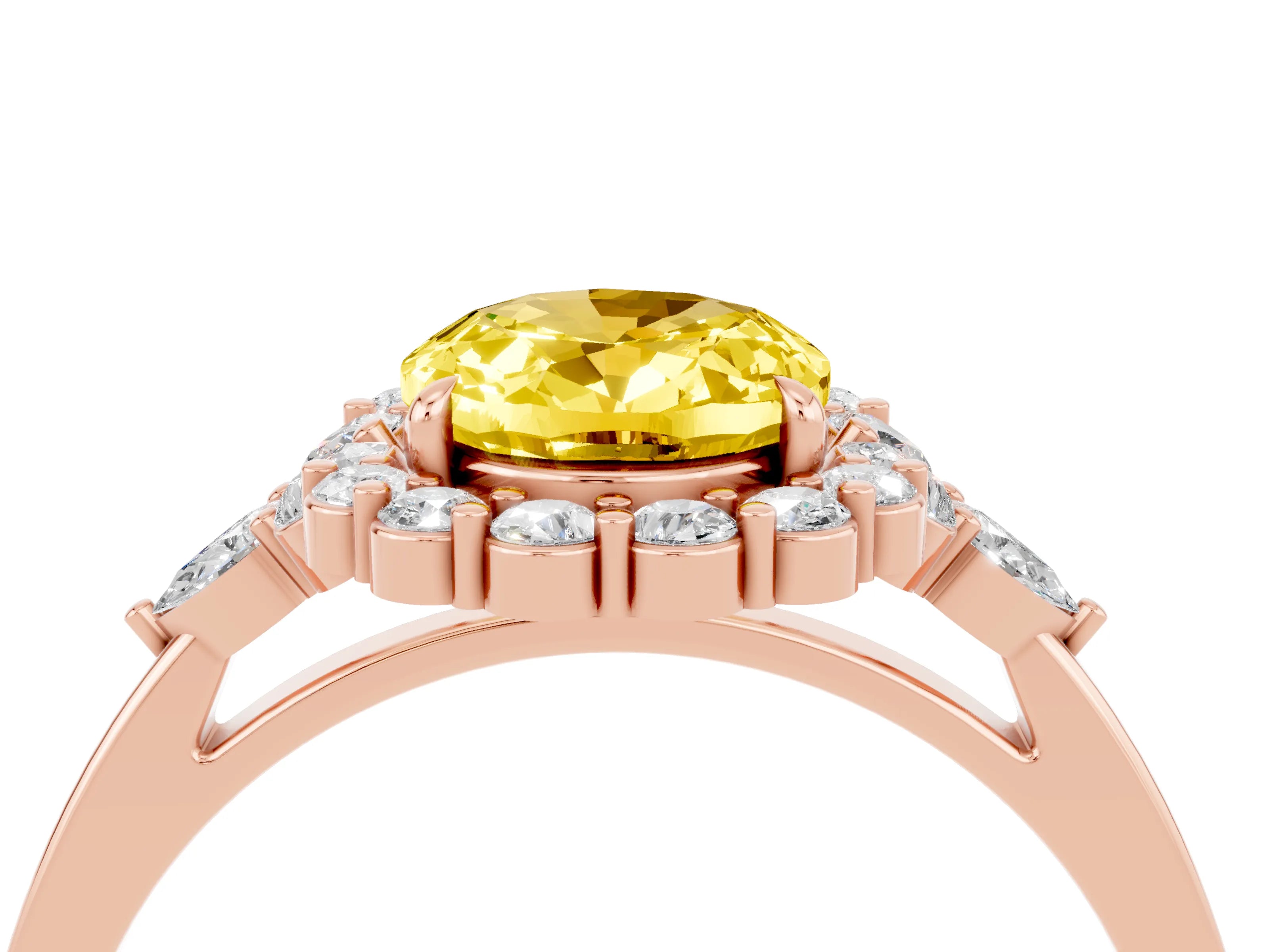Rose gold Oval Cut Yellow Sapphire Halo Ring with Pear Side Stones and Prong Setting_16