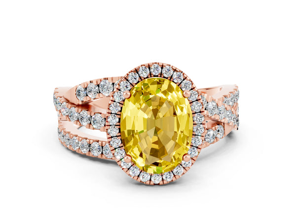 Rose gold Oval Cut Yellow Sapphire Halo Ring with Round Split Shank and Prong Setting