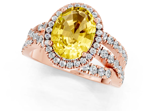 Rose gold Oval Cut Yellow Sapphire Halo Ring with Round Split Shank and Prong Setting