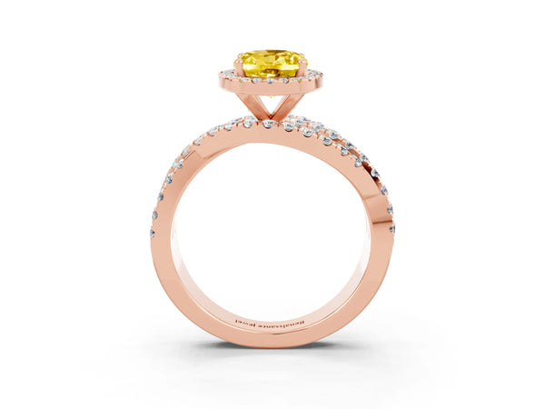 Rose gold Oval Cut Yellow Sapphire Halo Ring with Round Split Shank and Prong Setting