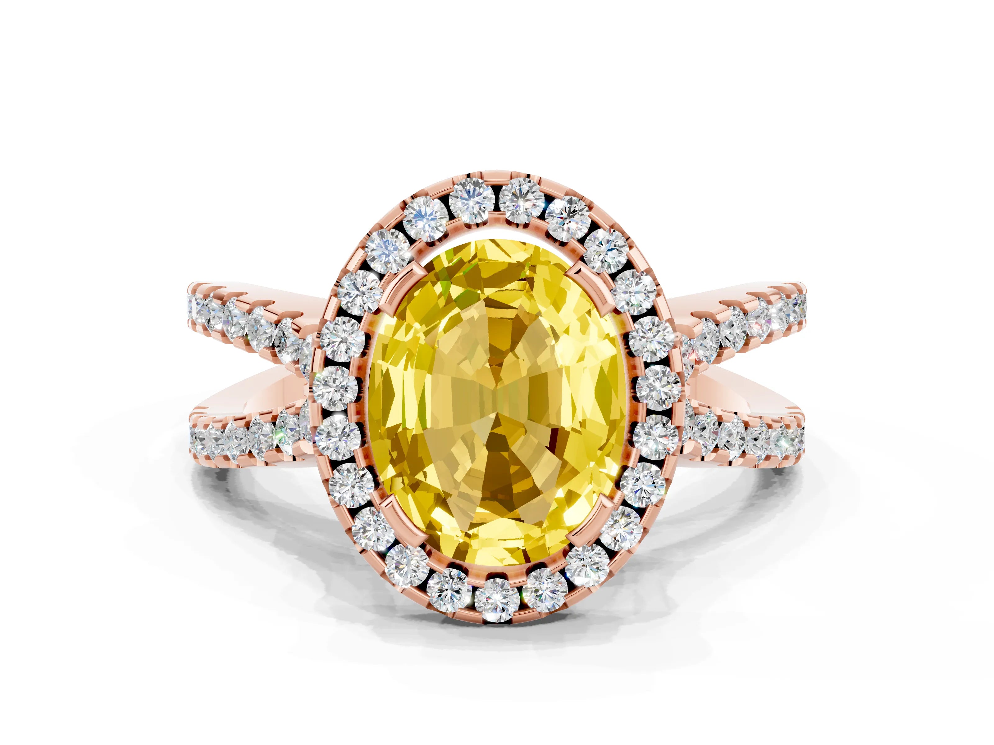 Rose gold Oval Cut Yellow Sapphire Halo Ring with Split Shank Pavé Band and Prong Setting_12