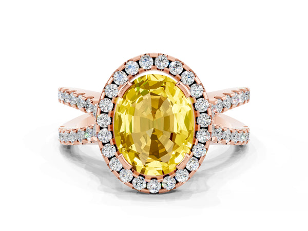 Rose gold Oval Cut Yellow Sapphire Halo Ring with Split Shank Pavé Band and Prong Setting