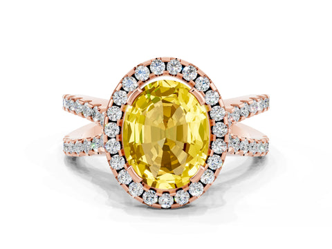 Rose gold Oval Cut Yellow Sapphire Halo Ring with Split Shank Pavé Band and Prong Setting_12