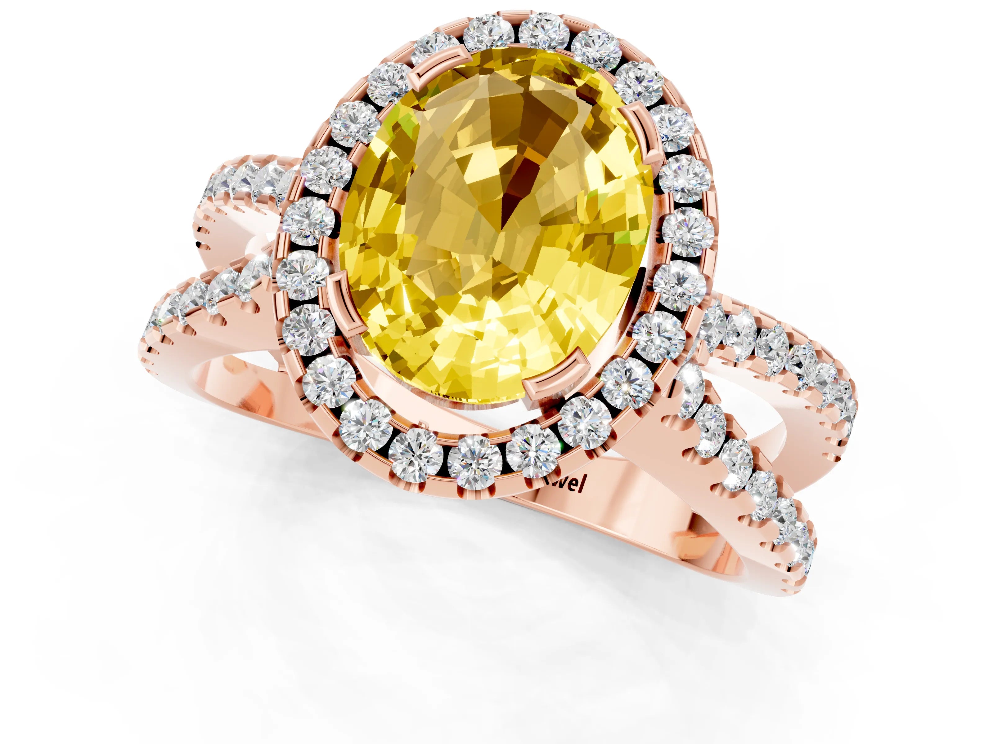 Rose gold Oval Cut Yellow Sapphire Halo Ring with Split Shank Pavé Band and Prong Setting_13