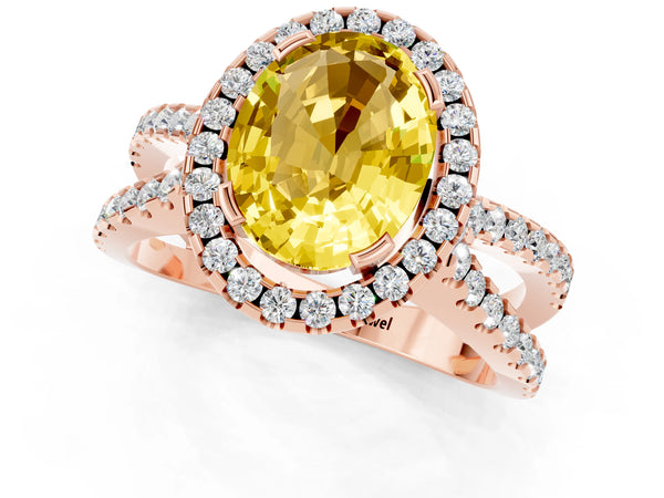 Rose gold Oval Cut Yellow Sapphire Halo Ring with Split Shank Pavé Band and Prong Setting