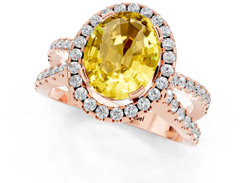 Rose gold Oval Cut Yellow Sapphire Halo Ring with Split Shank Pavé Band and Prong Setting_13
